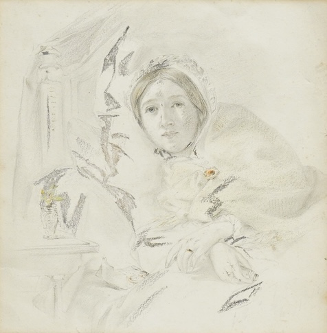J. C. Horsley, Portrait of Elvira Walton (1827-1852), unsigned, label verso, pencil and mixed media on paper, 19 x 19cm